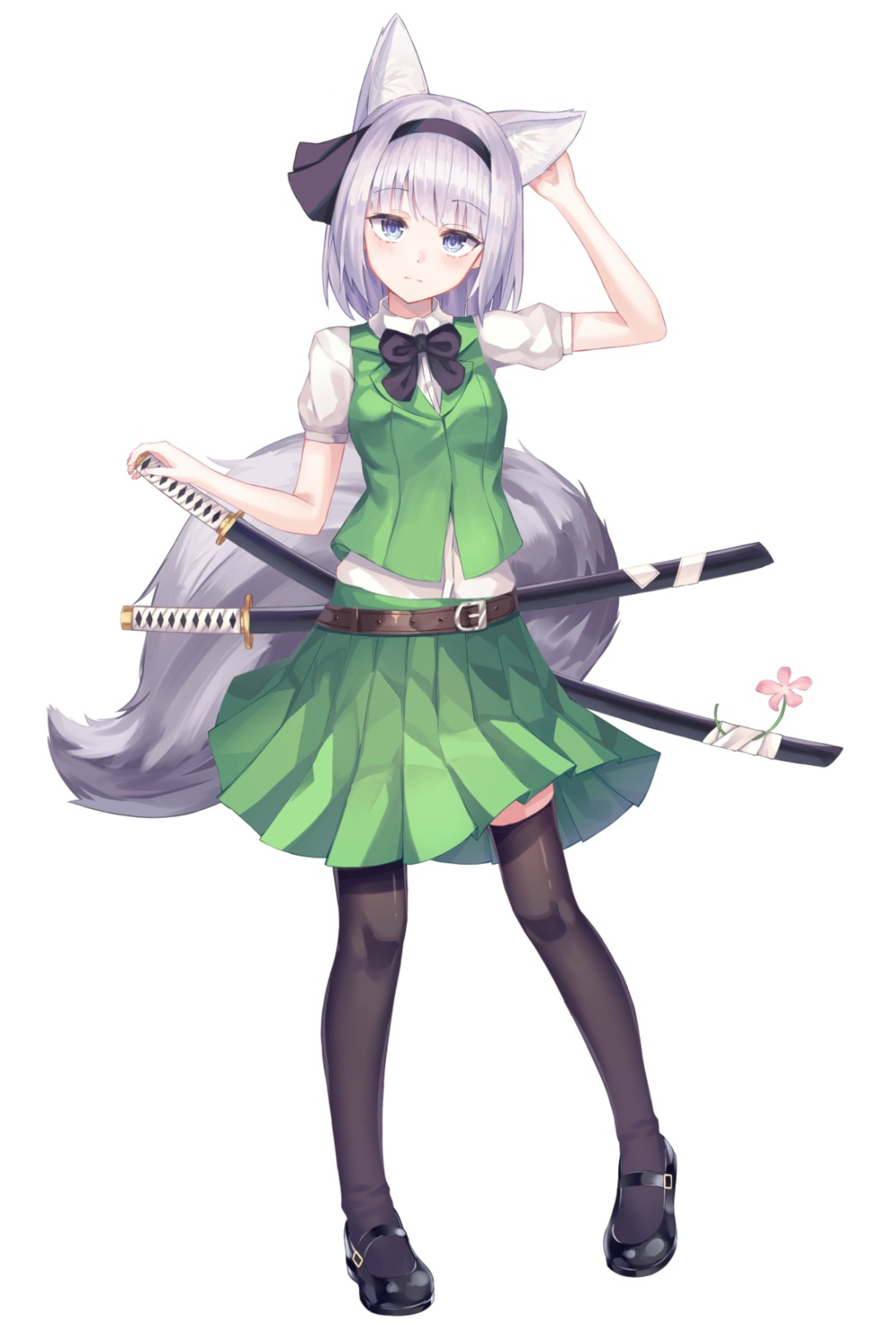 animal_ears konpaku_youmu shiro_(acad1213) sword tail thighhighs touhou