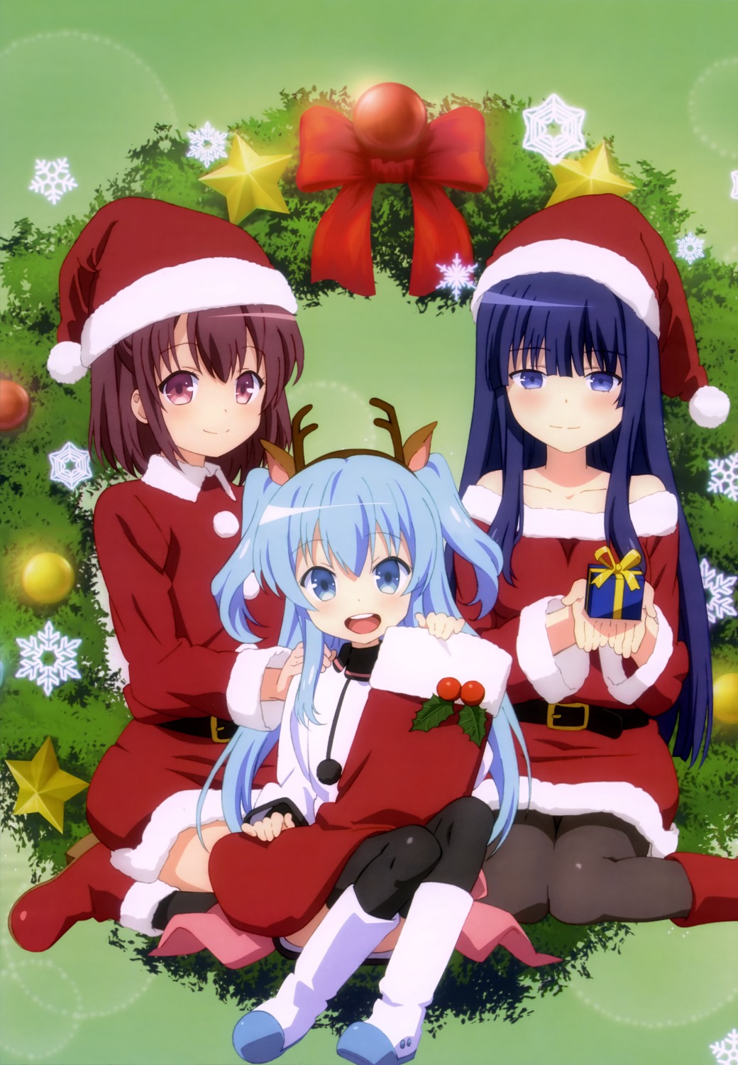 animal_ears christmas dress horns komiya_nonoka noel_(sora_no_method) pantyhose sora_no_method thighhighs togawa_shione