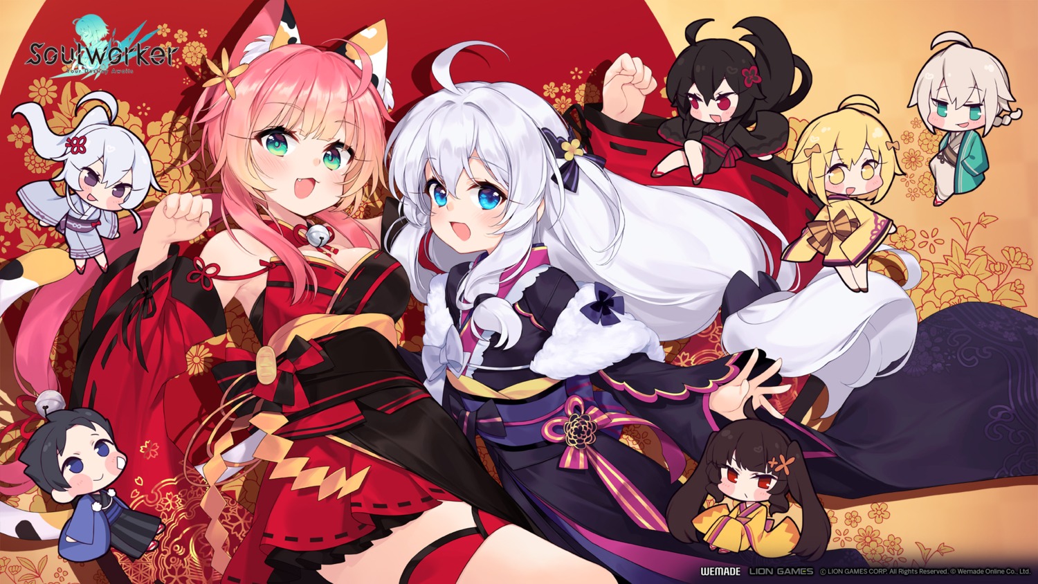 animal_ears chibi garter japanese_clothes nekomimi soul_worker tagme wallpaper