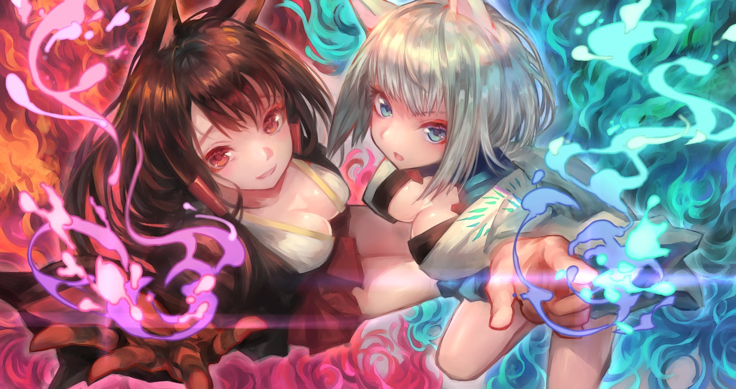 akagi_(azur_lane) animal_ears azur_lane cleavage denchu_(kazudentyu) kaga_(azur_lane)