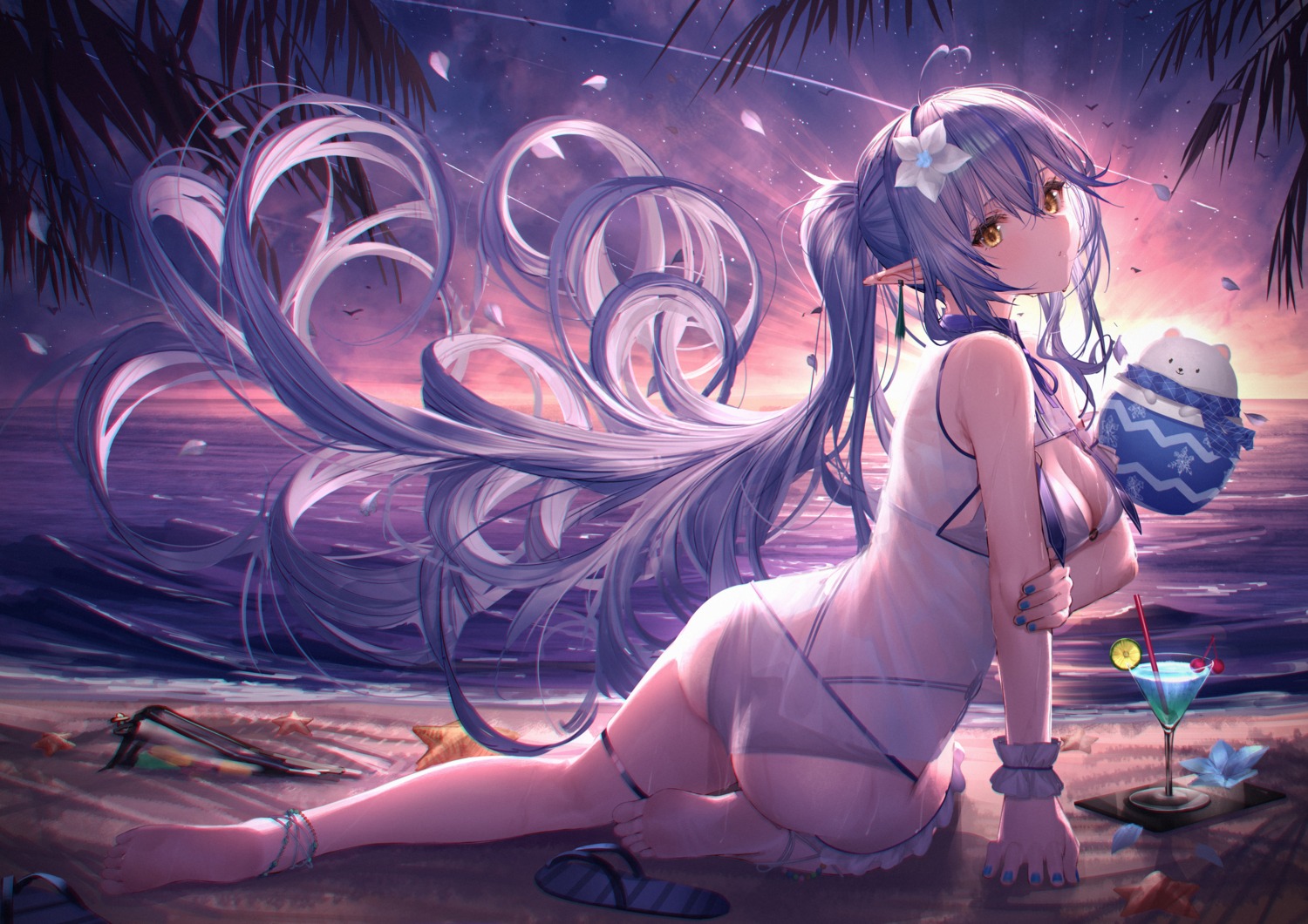 ass bikini daifuku_(yukihana_lamy) elf garter hololive pointy_ears see_through swimsuits takubon yukihana_lamy