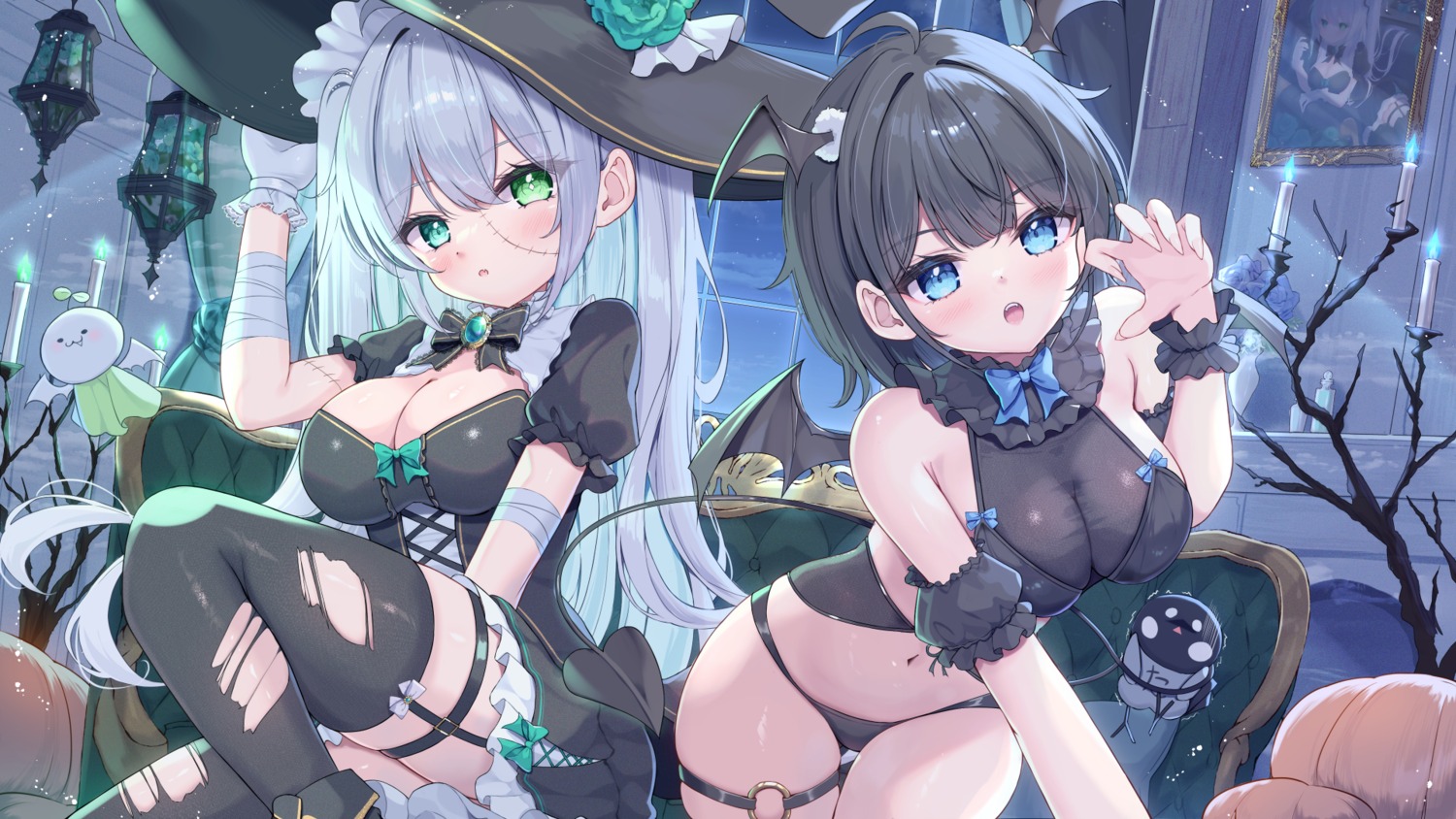 bandages bikini devil garter halloween mikaze_maruto skirt_lift stockings swimsuits tail thighhighs torn_clothes wallpaper wings witch