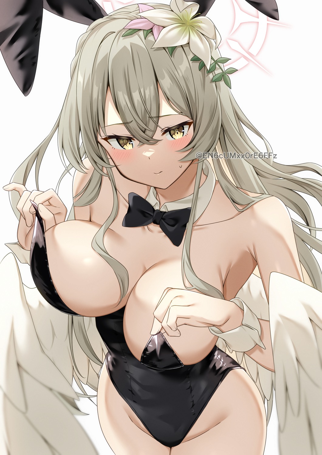 angel animal_ears blue_archive bunny_ears bunny_girl kirifuji_nagisa no_bra undressing wings yamano_rokamizu