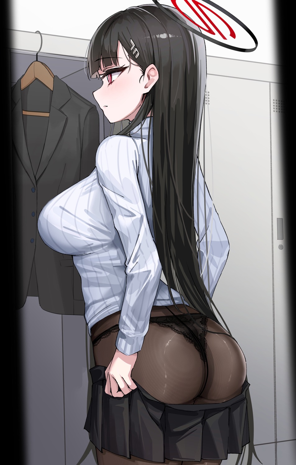 asashin_(asn) ass blue_archive halo pantsu pantyhose sweater thong tsukatsuki_rio undressing