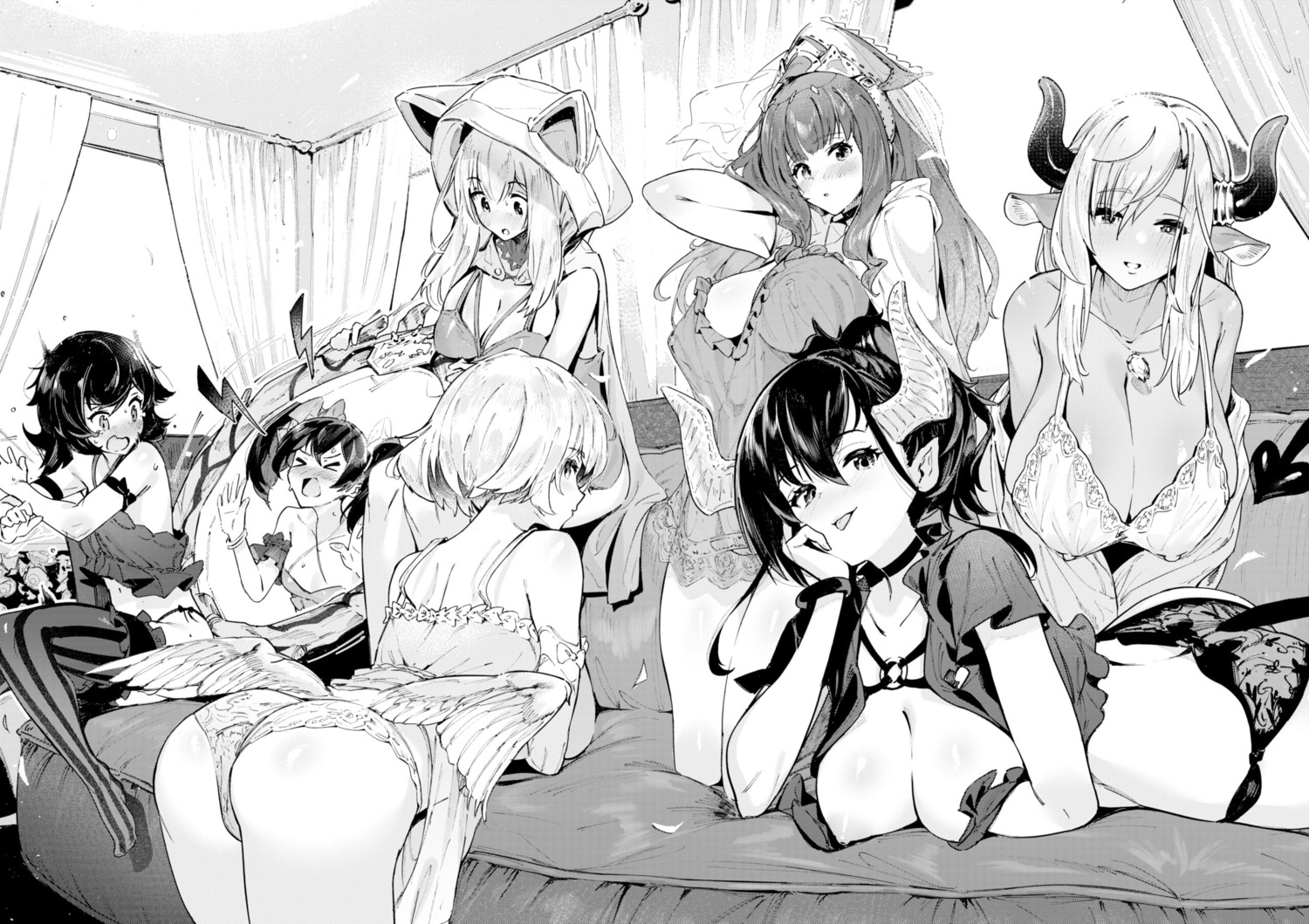 angel animal_ears ass bra breasts cleavage croriin devil horns lingerie monochrome nekomimi nipples no_bra open_shirt pantsu pointy_ears see_through tail thighhighs thong wings