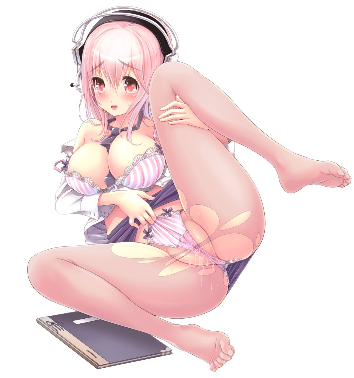 bra breast_hold business_suit censored cleavage feet headphones mag_kan open_shirt pantsu pantyhose pussy pussy_juice shimapan skirt_lift sonico super_sonico thong torn_clothes v-mag