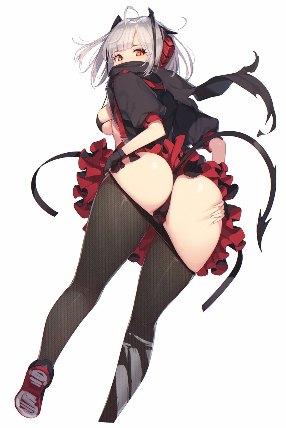 arknights ass ass_grab bikini ce-_-3 fishnets horns open_shirt pantyhose skirt_lift swimsuits tail thong w_(arknights)