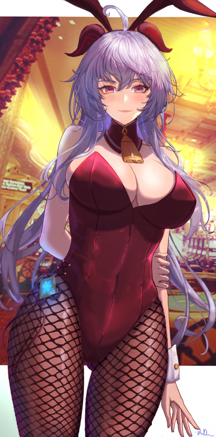 animal_ears artist_revision bunny_ears bunny_girl cleavage fishnets ganyu genshin_impact horns no_bra pantyhose xude