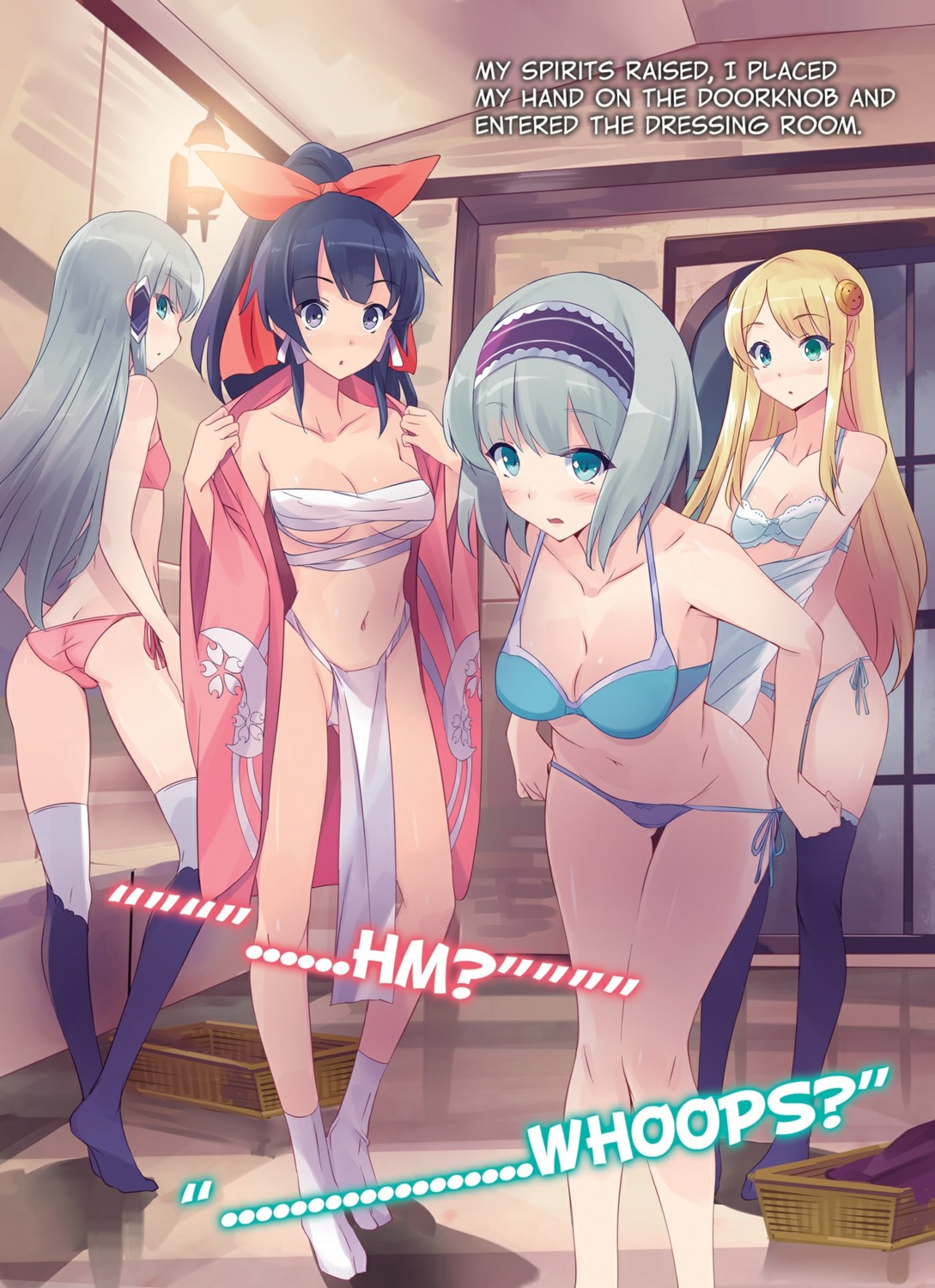 ass bra cleavage elze_silhoueska fundoshi heterochromia isekai_wa_smartphone_to_tomo_ni. kokonoe_yae linze_silhoueska open_shirt pantsu panty_pull sarashi seifuku string_panties thighhighs undressing usatsuka_eiji yukata yumina_urnea_belfast