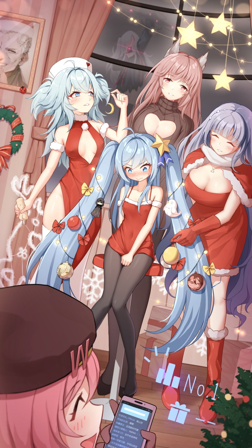 animal_ears christmas cleavage dress erect_nipples girls_frontline girls_frontline_neural_cloud hubble_(neural_cloud) max_(neural_cloud) mdr_(girls_frontline) no_bra nurse pa-15_(girls_frontline) pantyhose persica_(girls_frontline) sweater thighhighs willow_(neural_cloud) wo_you_yibei_jia_wanli