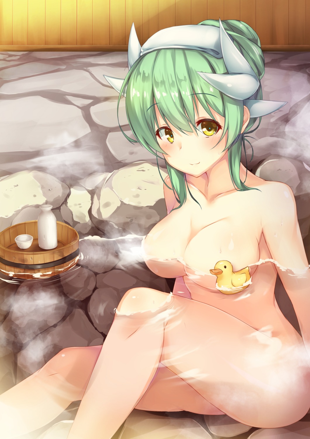bathing censored fate/grand_order horns kiyohime_(fate/grand_order) naked onsen sake wet yuki_kawachi