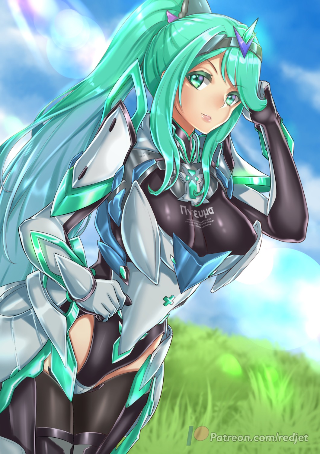 armor bodysuit pneuma_(xenoblade_2) redjet thighhighs xenoblade xenoblade_chronicles_2