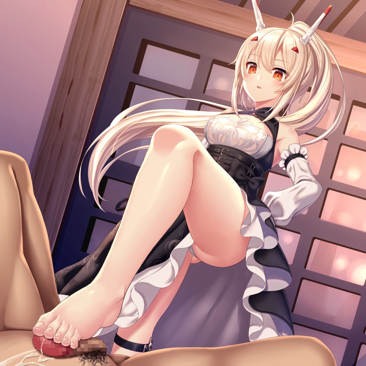 asisuki ayanami_(azur_lane) azur_lane censored cum feet footjob no_bra pantsu penis see_through skirt_lift thong