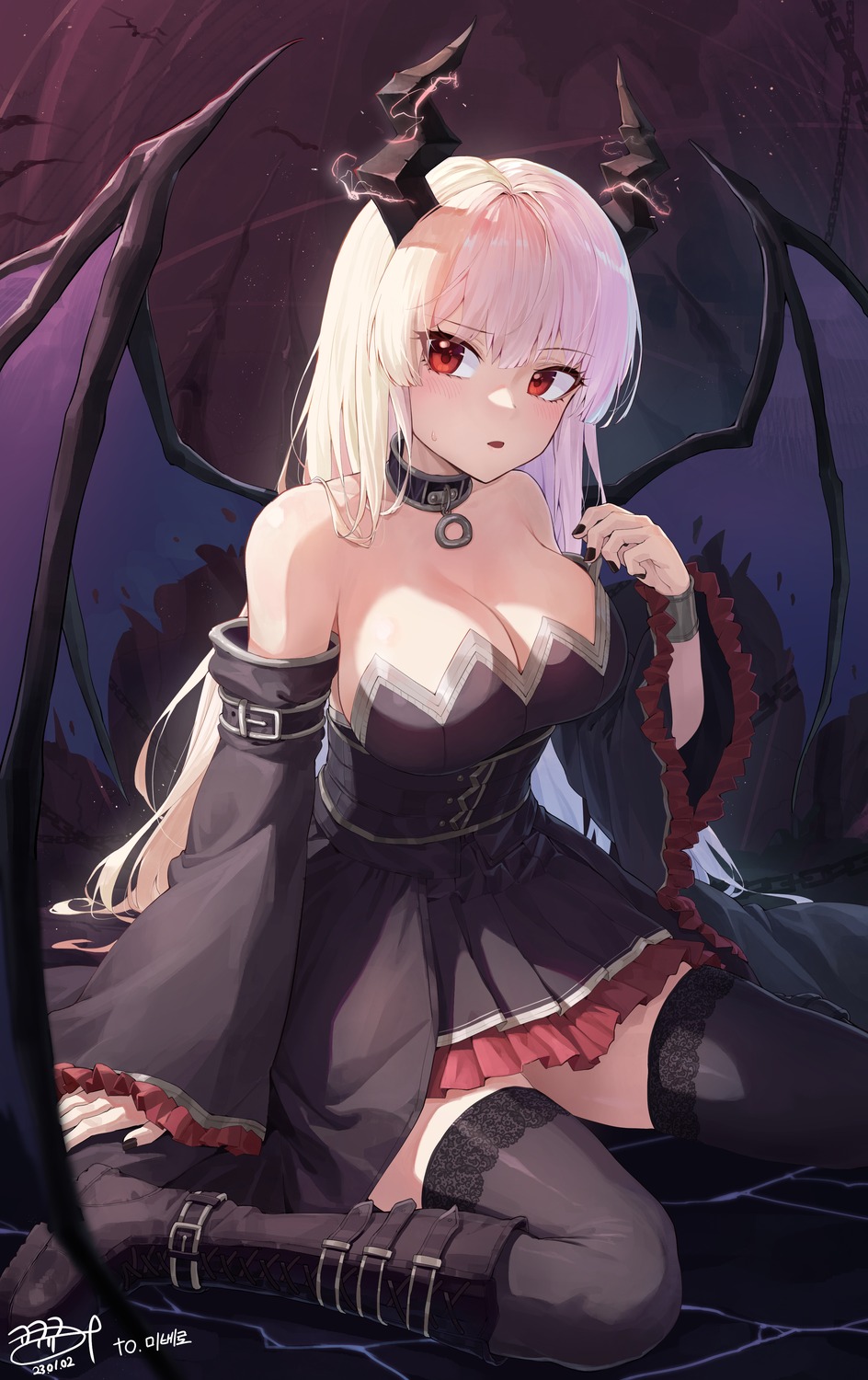 devil dress horns kokukyukeo no_bra thighhighs wings