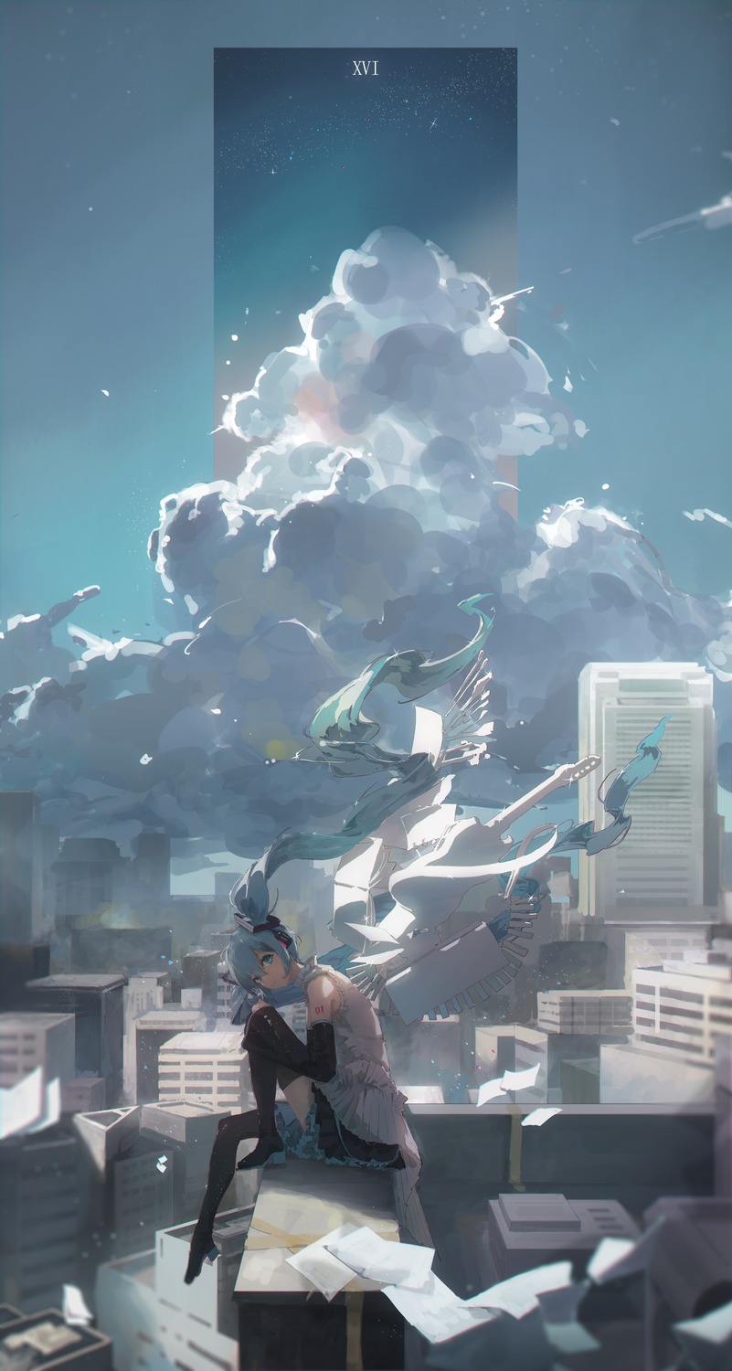 hatsune_miku headphones heels landscape rotarran tattoo thighhighs vocaloid