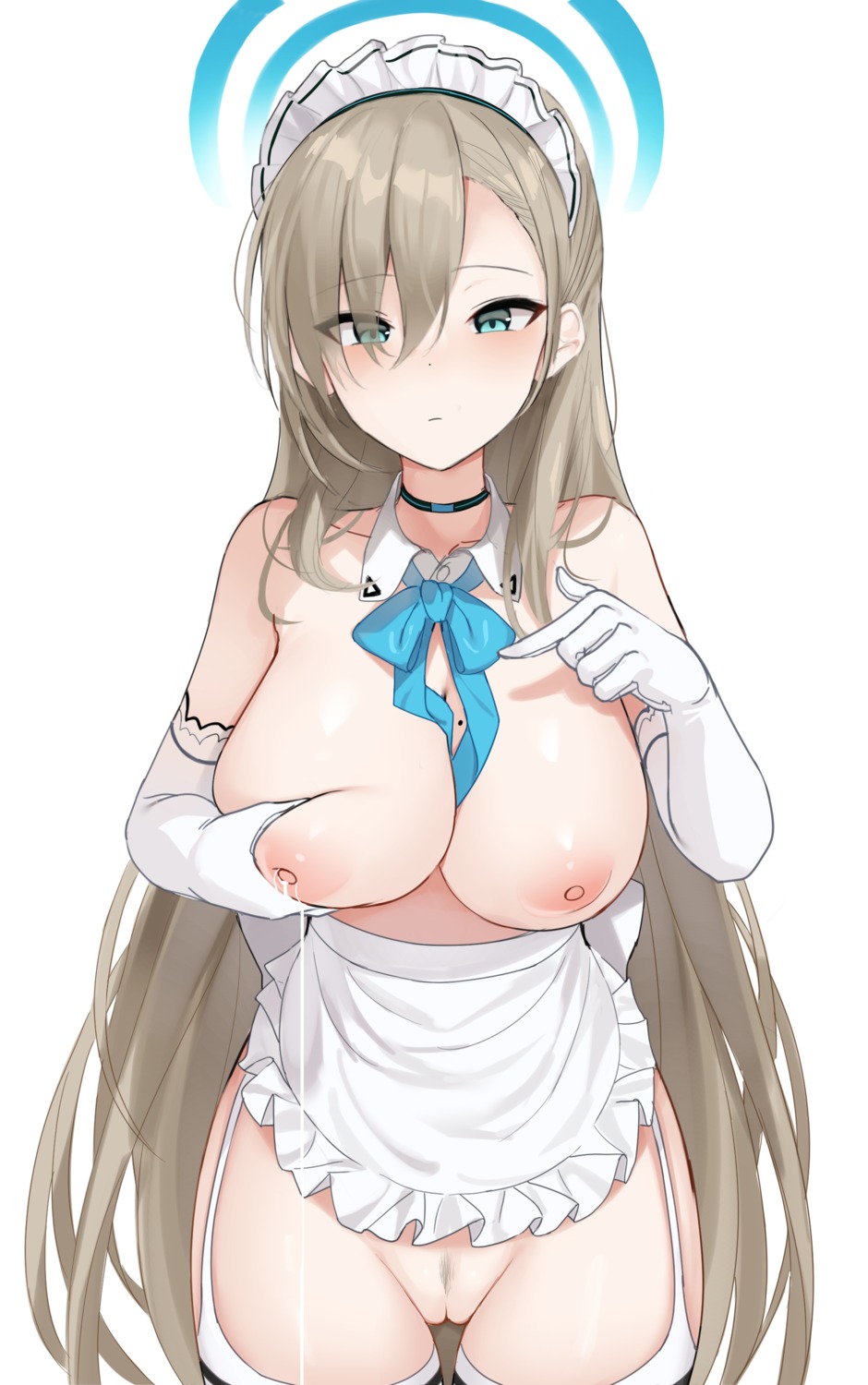 blue_archive breast_grab halo ichinose_asuna lactation maid naked_apron nipples pubic_hair pussy shengtian stockings thighhighs uncensored