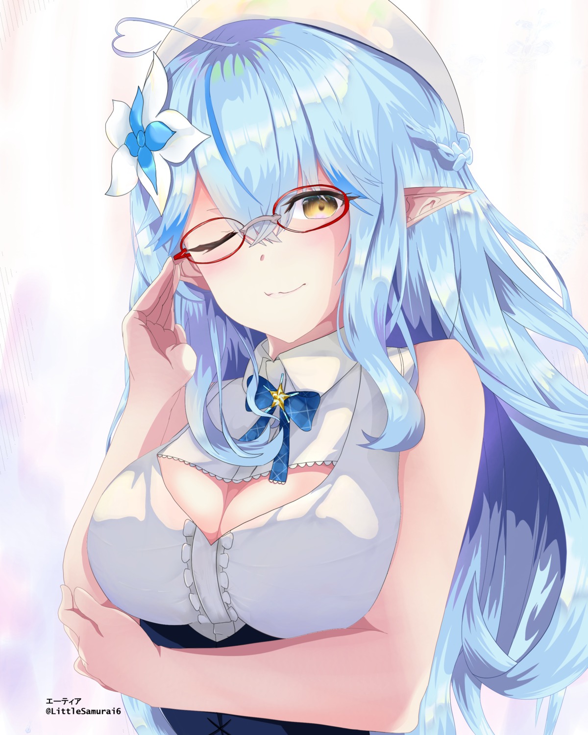 atear_(littlesamurai6) breast_hold cleavage hololive megane pointy_ears yukihana_lamy