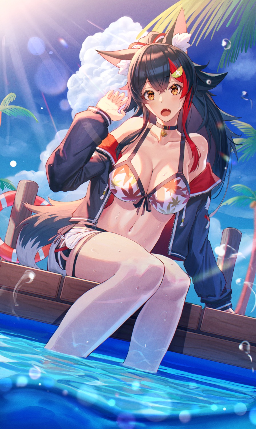 animal_ears bikini garter hololive hololive_gamers mazel ookami_mio open_shirt swimsuits tail wet