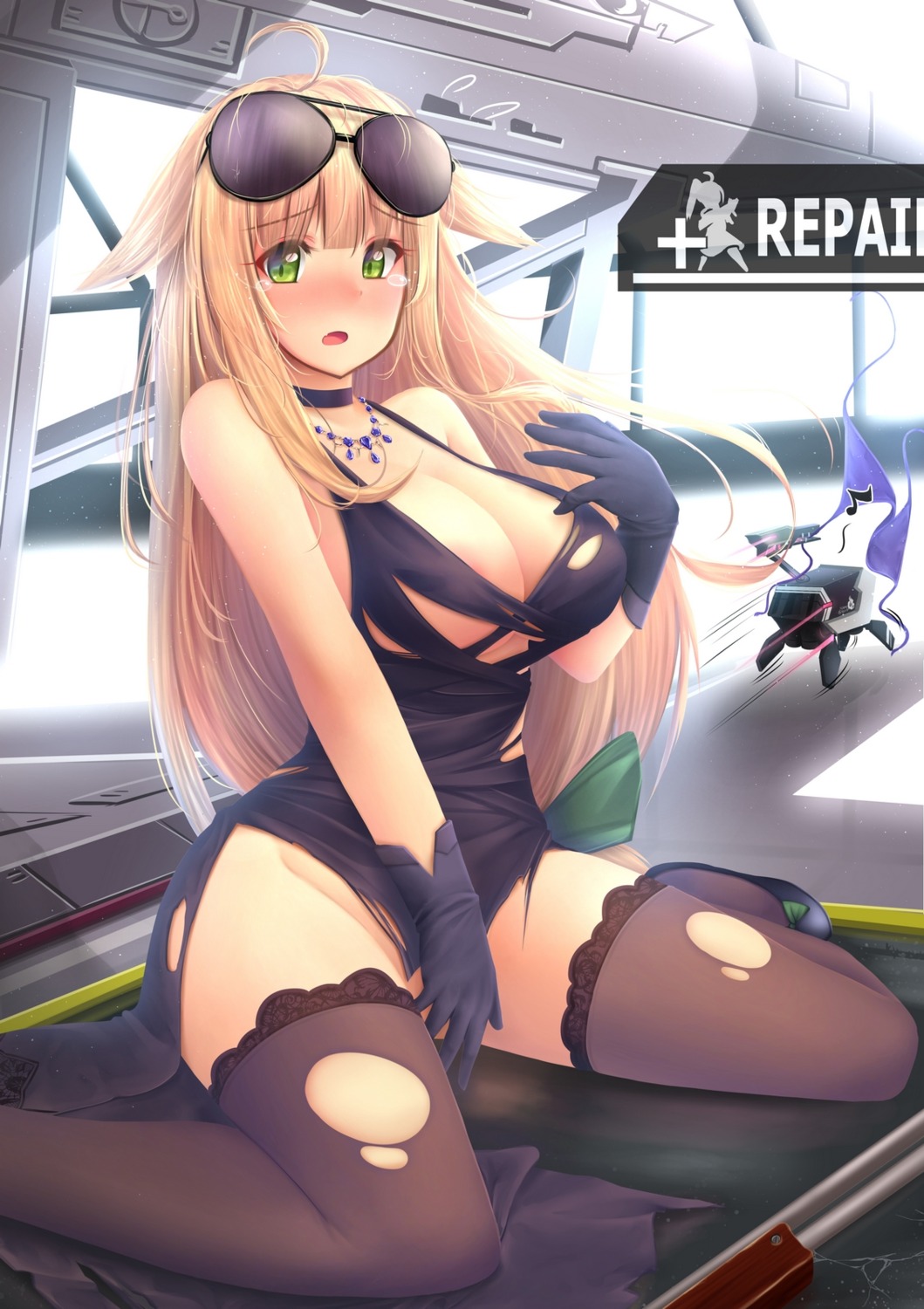 anakin_sky_(utcc) animal_ears dress girls_frontline m1918_bar_(girls_frontline) megane no_bra nopan thighhighs torn_clothes wardrobe_malfunction