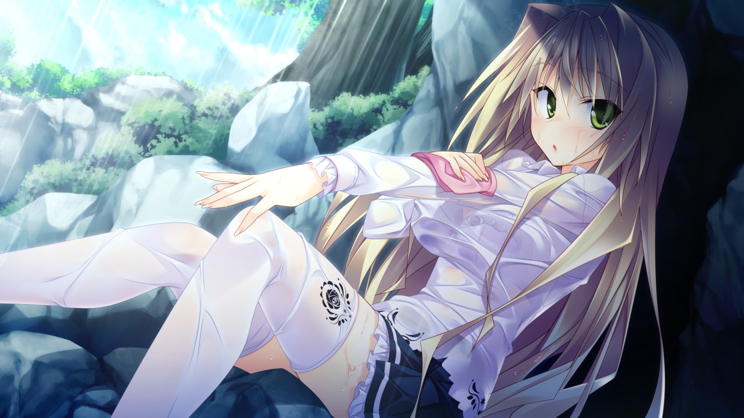 bra game_cg guardian☆place hibarigaoka_itsuki hinata_mutsuki see_through skyfish thighhighs wet_clothes