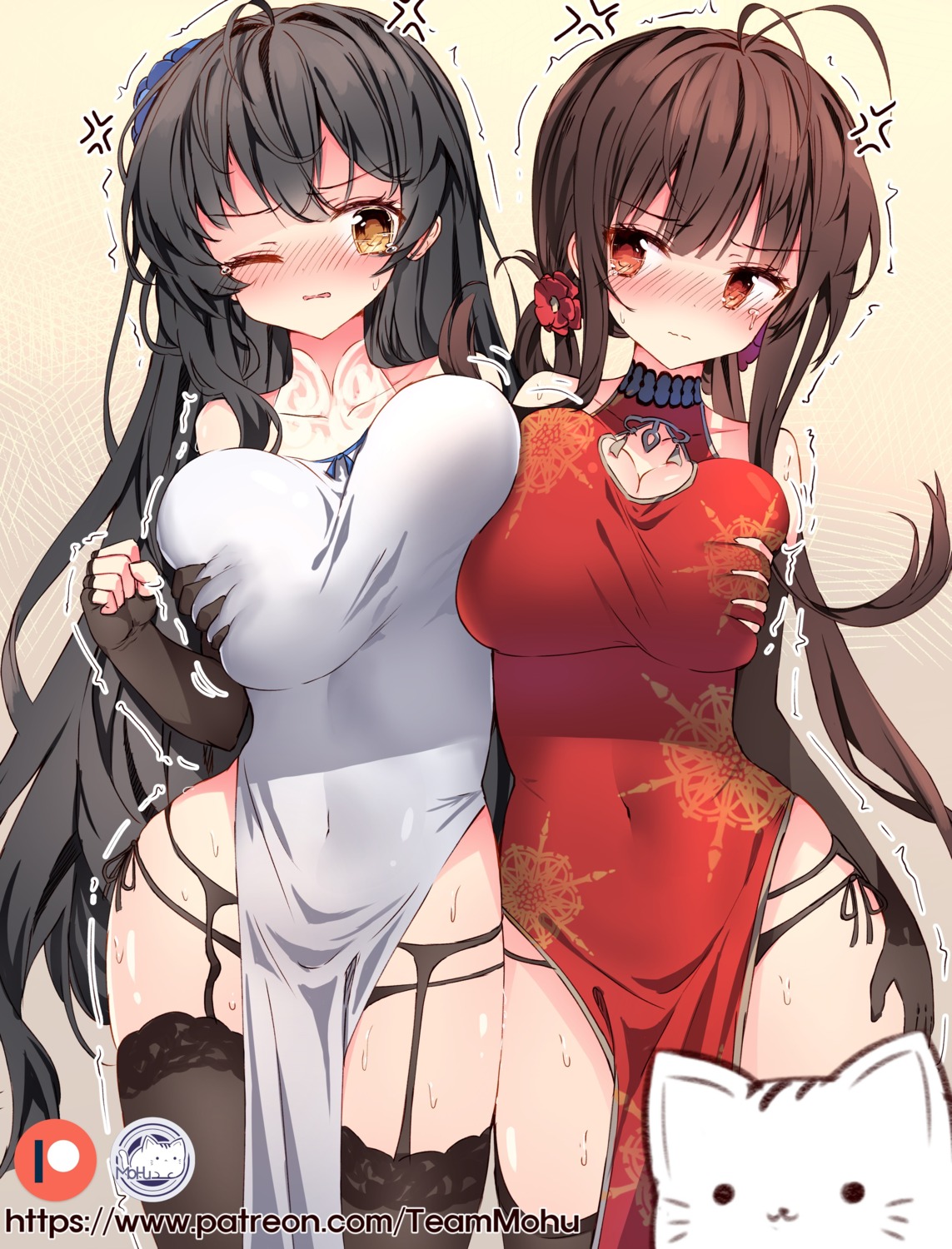 breast_grab chinadress cleavage dsr-50_(girls_frontline) garter_belt girls_frontline neko pantsu qbz-95_(girls_frontline) stockings string_panties tandohark thighhighs yuri