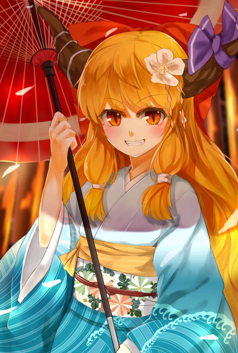 horns ibuki_suika kimono nishiuri touhou umbrella