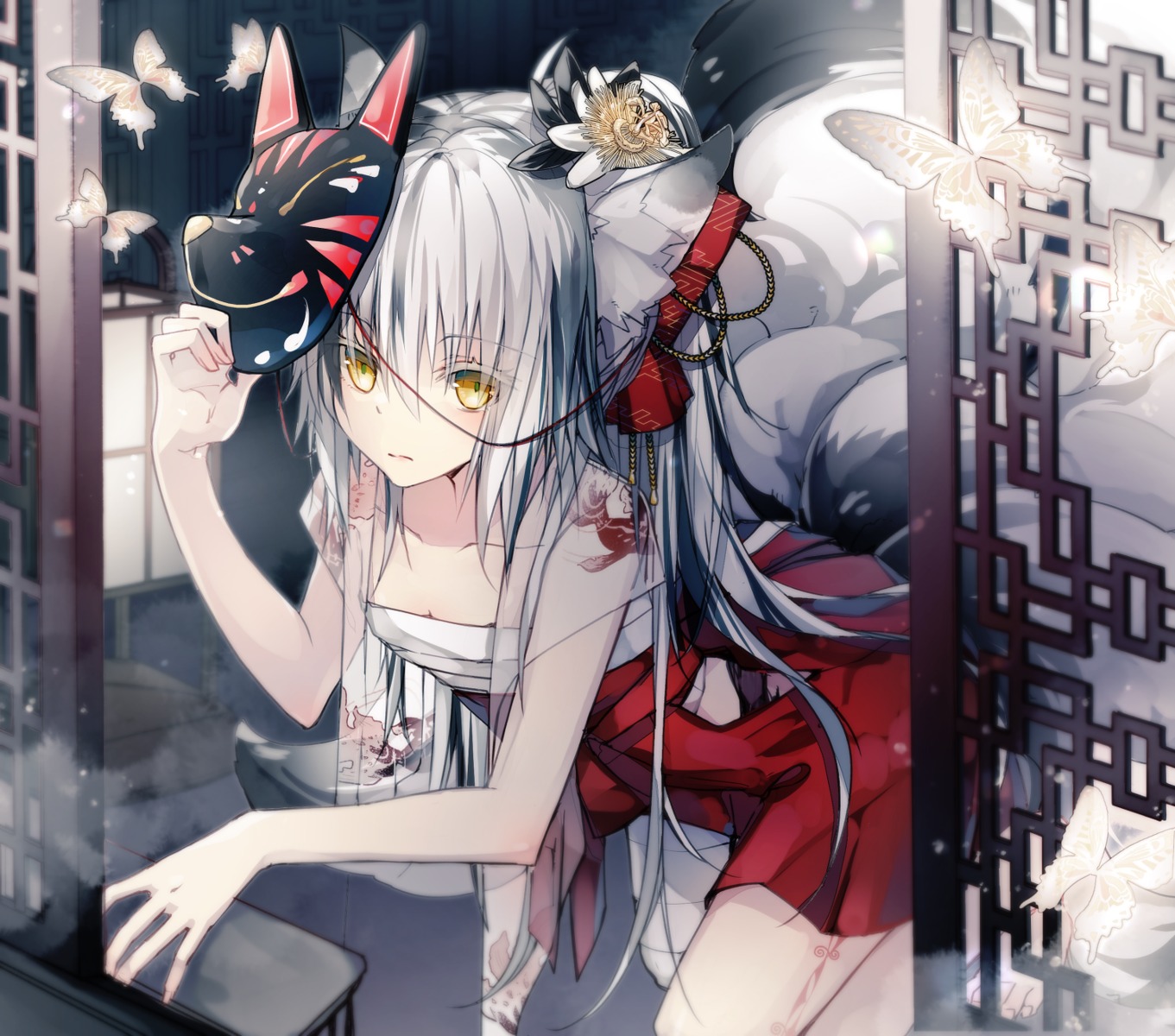 animal_ears bandages cleavage japanese_clothes kitsune numi_la sarashi see_through tail tattoo