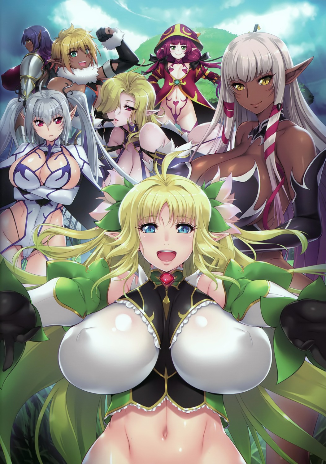 aoi_nagisa_(artist) armor breast_hold cleao_everlasting delva_celebrian elda_ballada elf erect_nipples evelyn_celebrían knoll_(youkoso) leotard lucy_menelumia misery_stentrem no_bra open_shirt pantsu pasties phyllis_hagerhelm pointy_ears string_panties youkoso!_sukebe_elf_no_mori_e