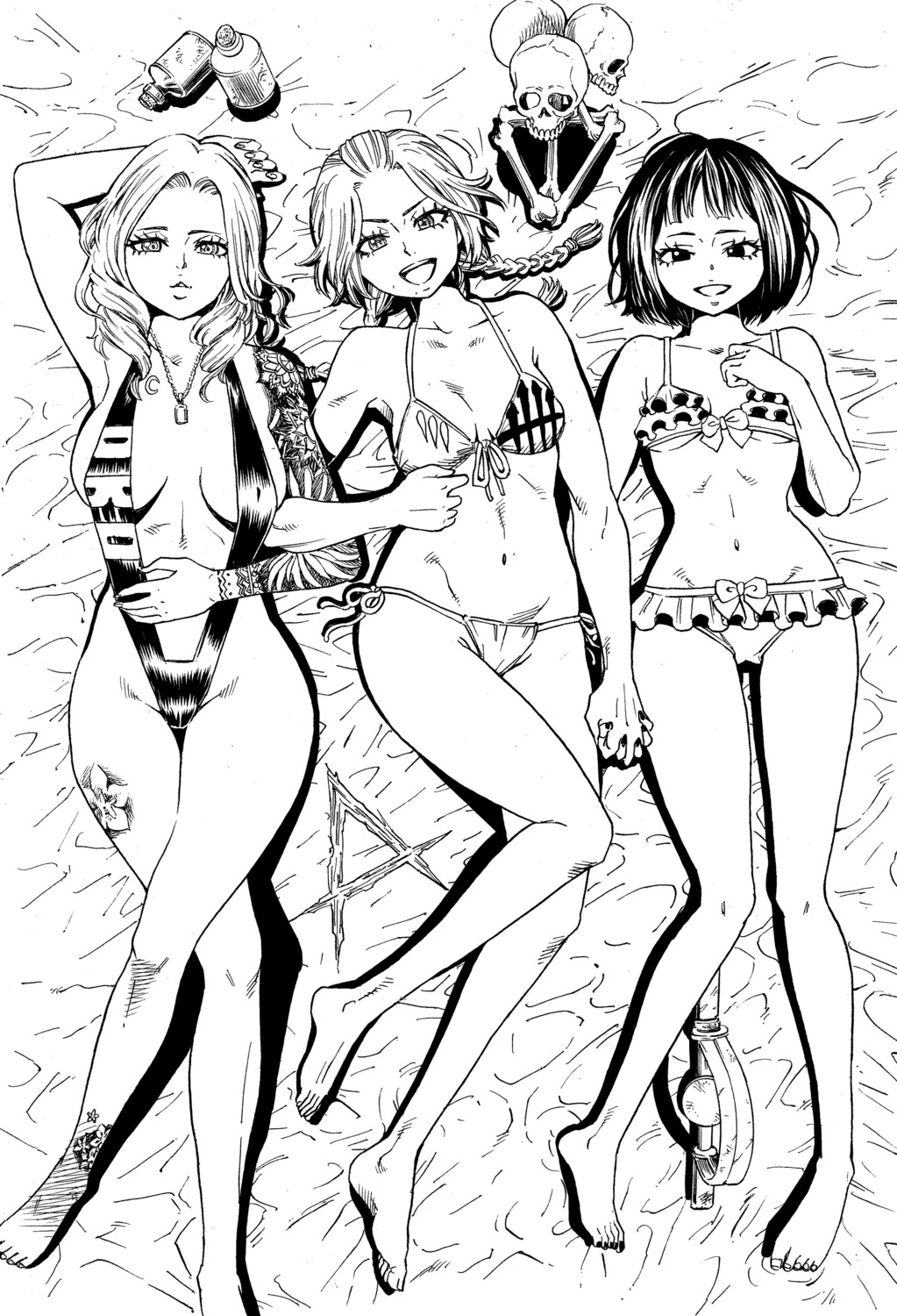 bikini cleavage dead_by_daylight feng_min kate_denson meg_thomas monochrome sling_bikini swimsuits takayama_akira tattoo underboob