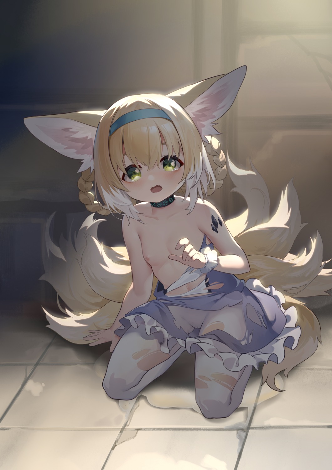 animal_ears arknights breasts cameltoe dress kitsune loli nipples no_bra pantyhose shio_(7203802) suzuran_(arknights) tail torn_clothes