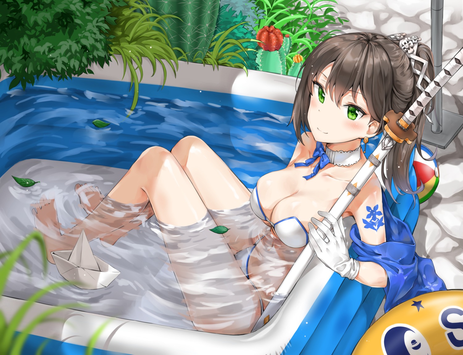 bathing bikini blue_oath cleavage dulldull kaga_(blue_oath) open_shirt swimsuits tattoo wet