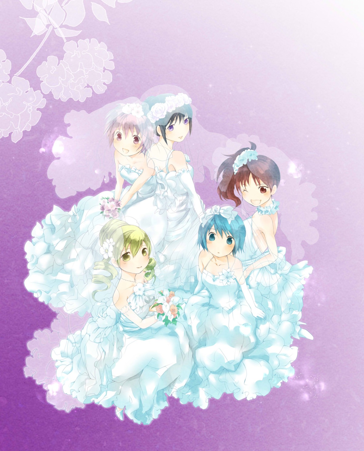 akemi_homura dress isa_(chiyo-s) kaname_madoka miki_sayaka puella_magi_madoka_magica sakura_kyouko tomoe_mami wedding_dress