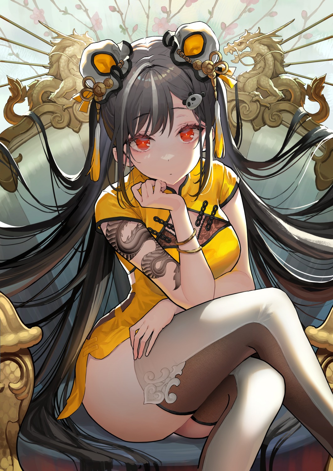 breast_hold chinadress okuma_mai skirt_lift tattoo thighhighs