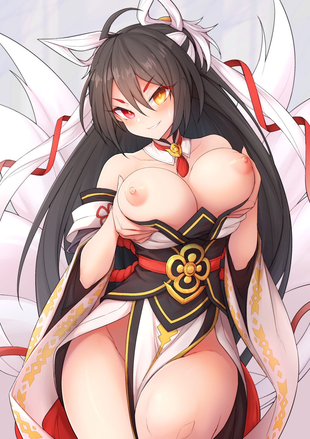 animal_ears ara_haan breast_grab breasts dress elsword japanese_clothes kitsune nipples no_bra nopan tail waero