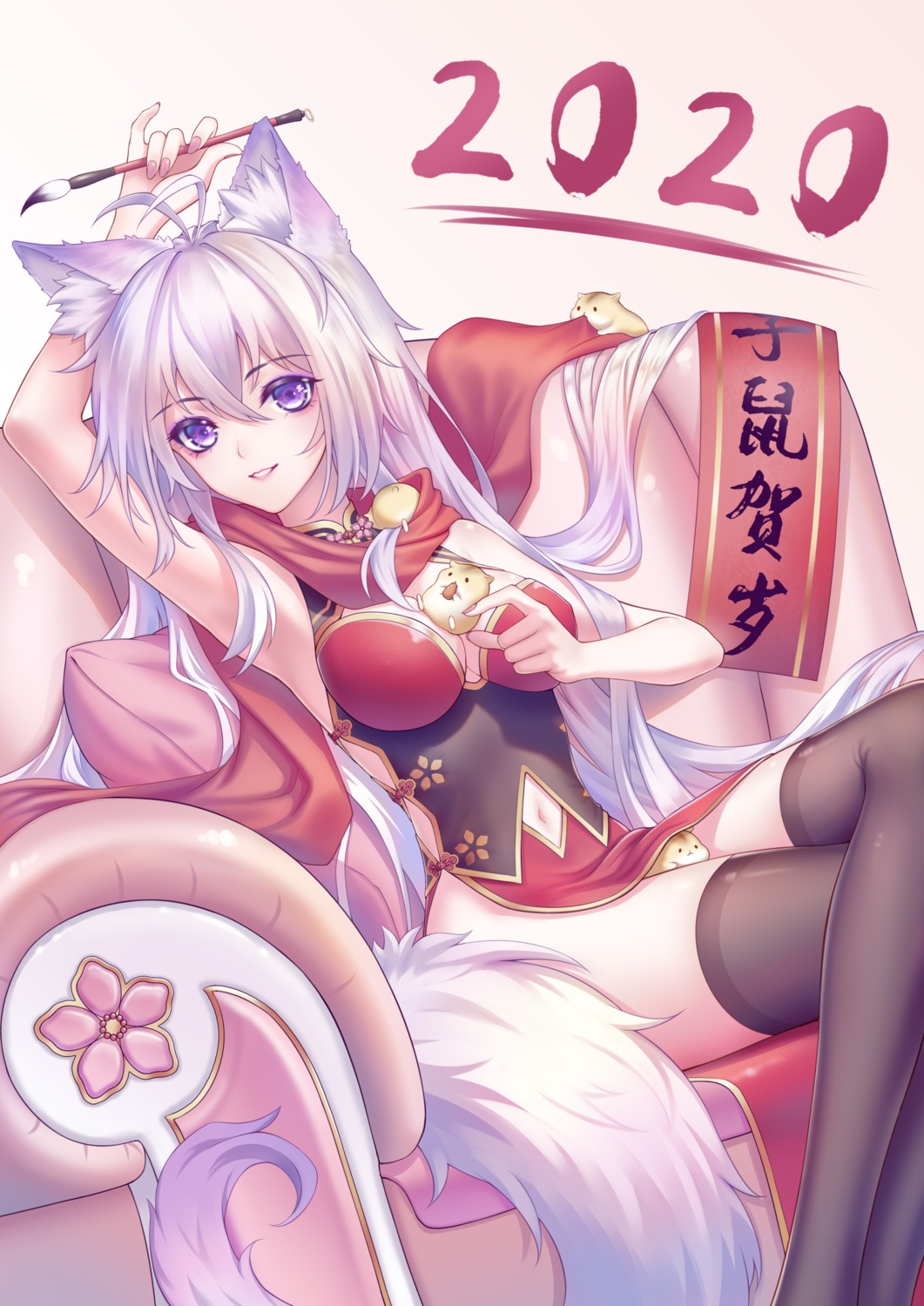 animal_ears asian_clothes cleavage kirby_d_a kitsune skirt_lift tail thighhighs