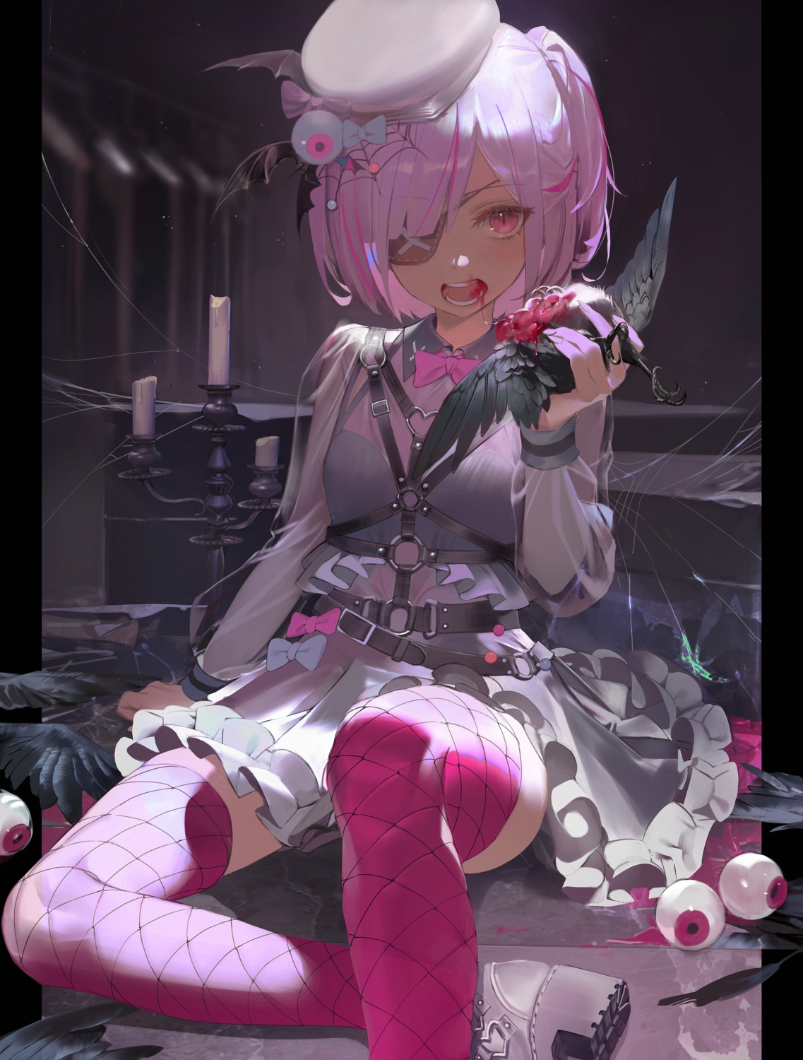 blood eyepatch fishnets guro see_through shycocoa skirt_lift thighhighs