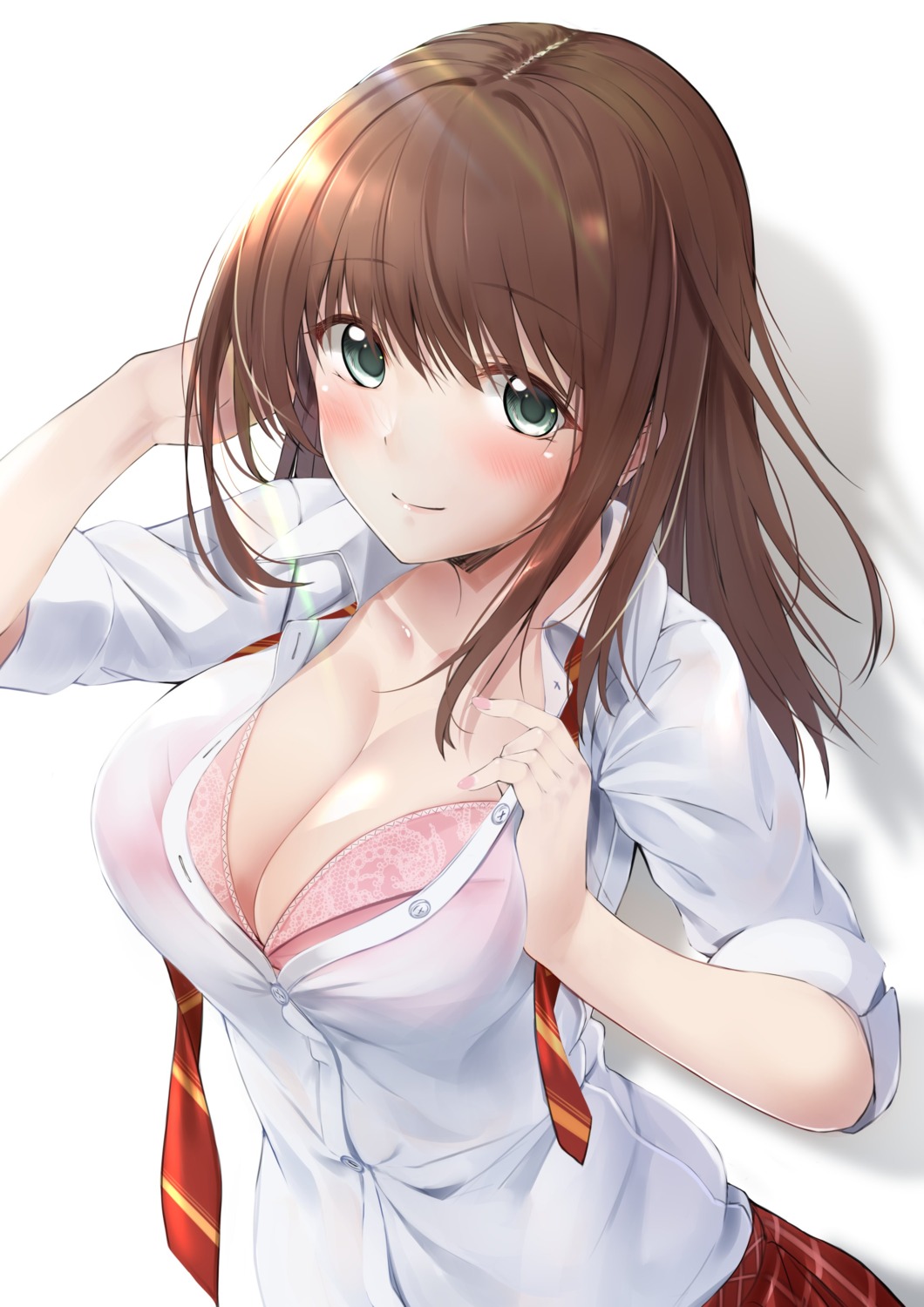 bra cleavage hazuki_gyokuto open_shirt see_through seifuku undressing