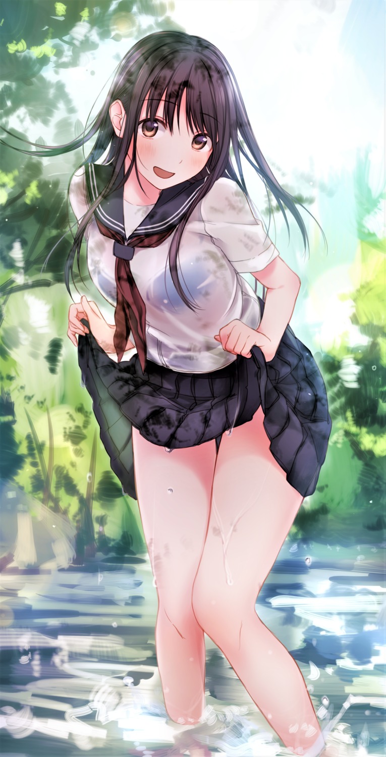 bra kirisawa_saki see_through seifuku skirt_lift wet wet_clothes