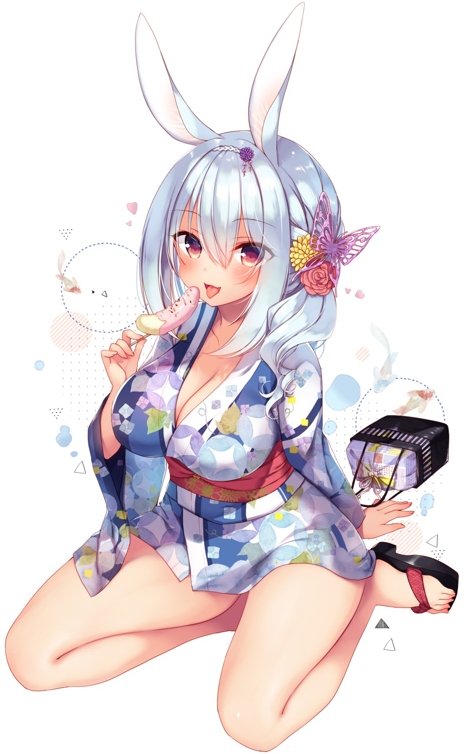 23.4° animal_ears boku_no_risou_no_isekai_seikatsu bunny_ears cleavage heels ichiri rabimea_(ichiri) skirt_lift yukata