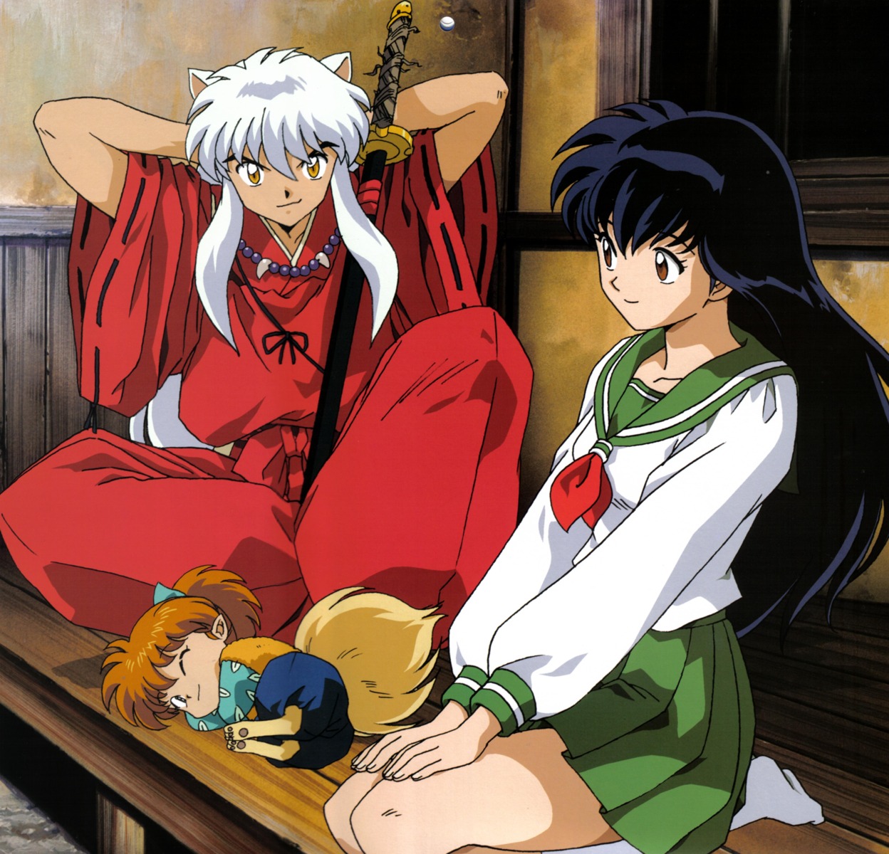 animal_ears higurashi_kagome inumimi inuyasha inuyasha_(character) japanese_clothes seifuku shippo sword tail