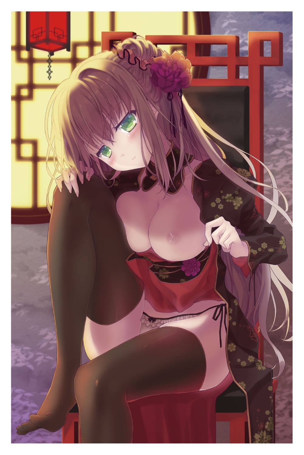 asian_clothes breasts feet nanao_naru nipples no_bra pantsu skirt_lift thighhighs