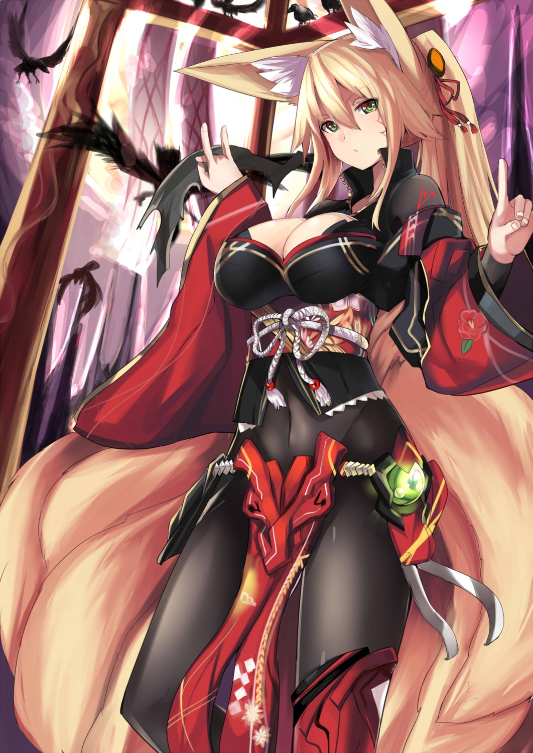 animal_ears cleavage haik kitsune pantyhose tail thighhighs