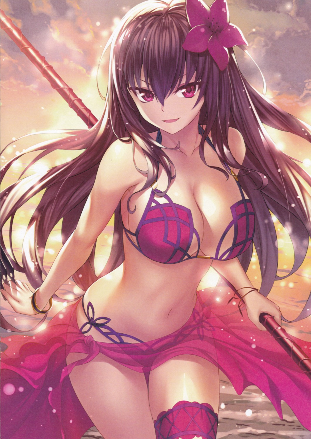 bikini cleavage fate/grand_order garter heirou possible_duplicate scathach_(fate/grand_order) see_through swimsuits weapon