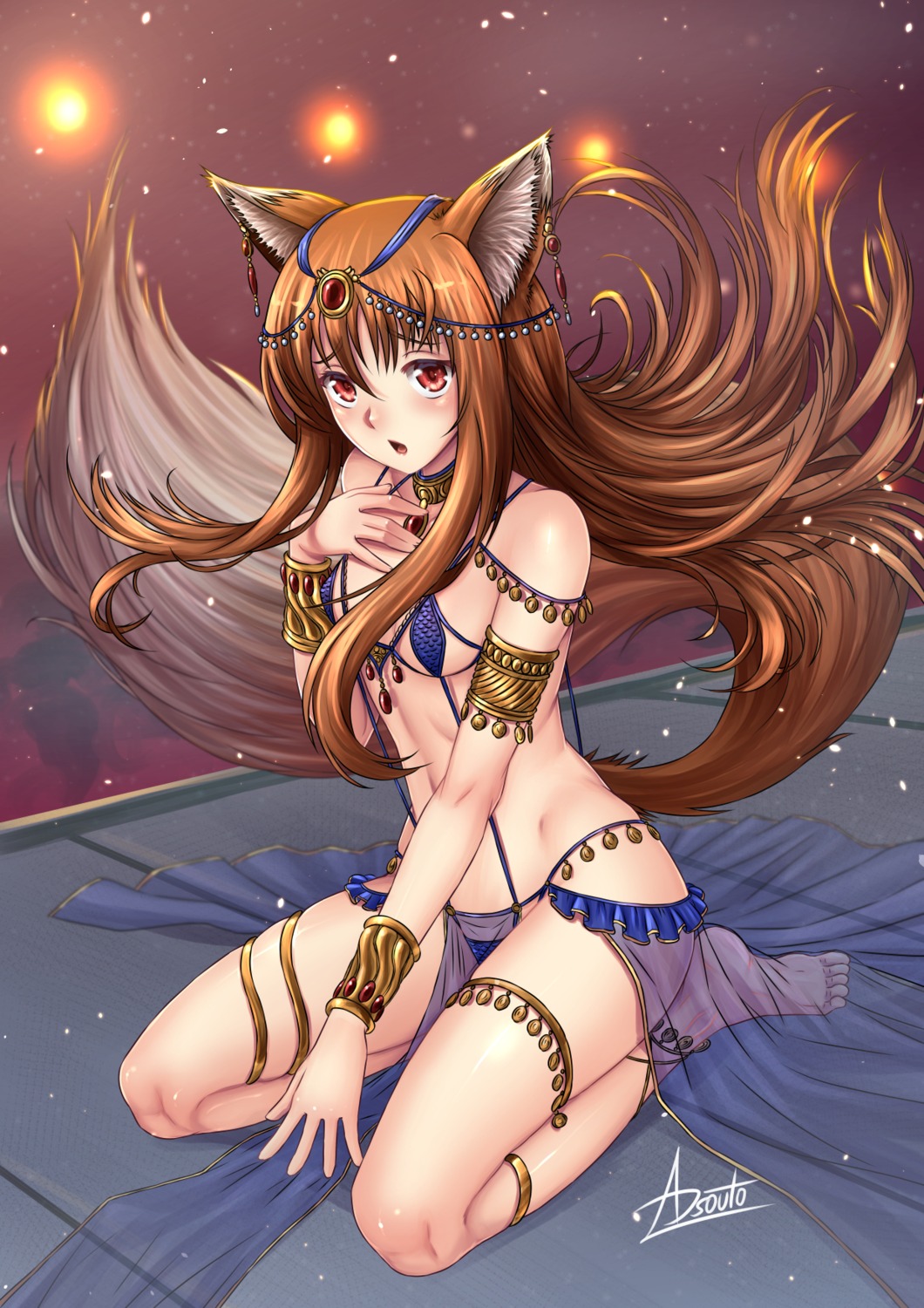 adsouto animal_ears garter holo see_through sling_bikini spice_and_wolf swimsuits tail