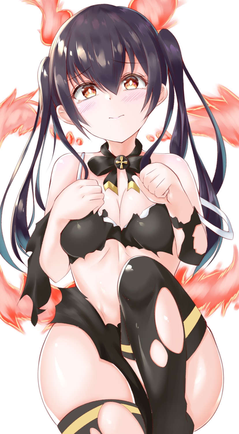 bra breast_hold cleavage enen_no_shouboutai mikoshiha tamaki_kotatsu thighhighs torn_clothes