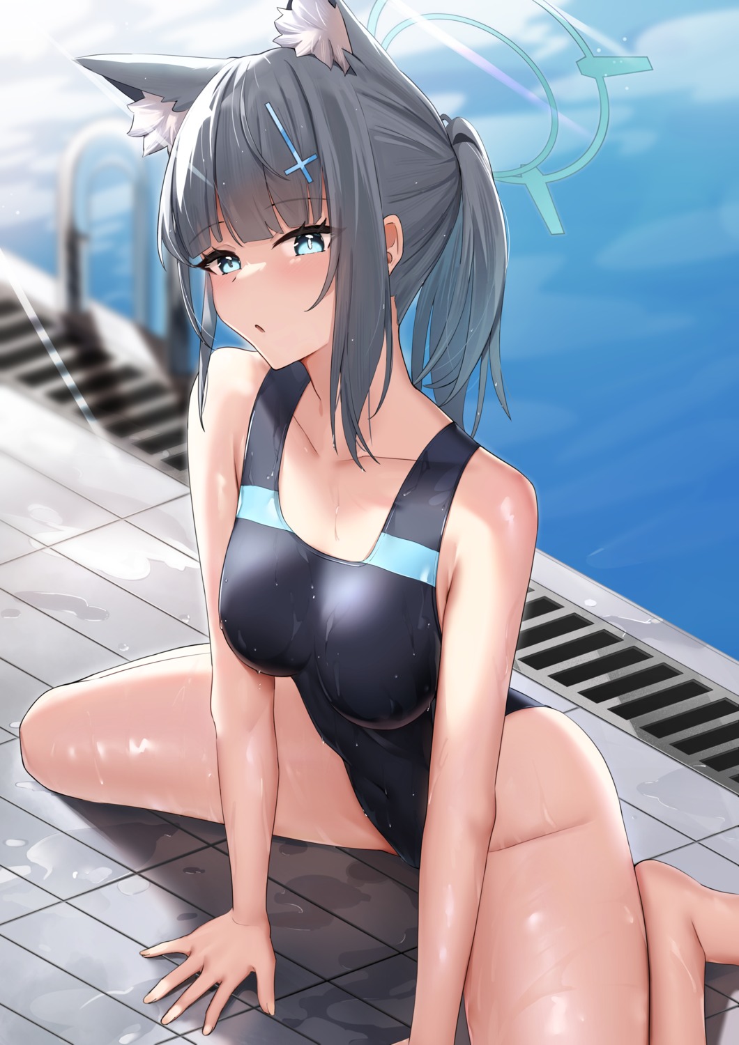 animal_ears blue_archive halo nekomimi skai_kun sunaookami_shiroko swimsuits wet