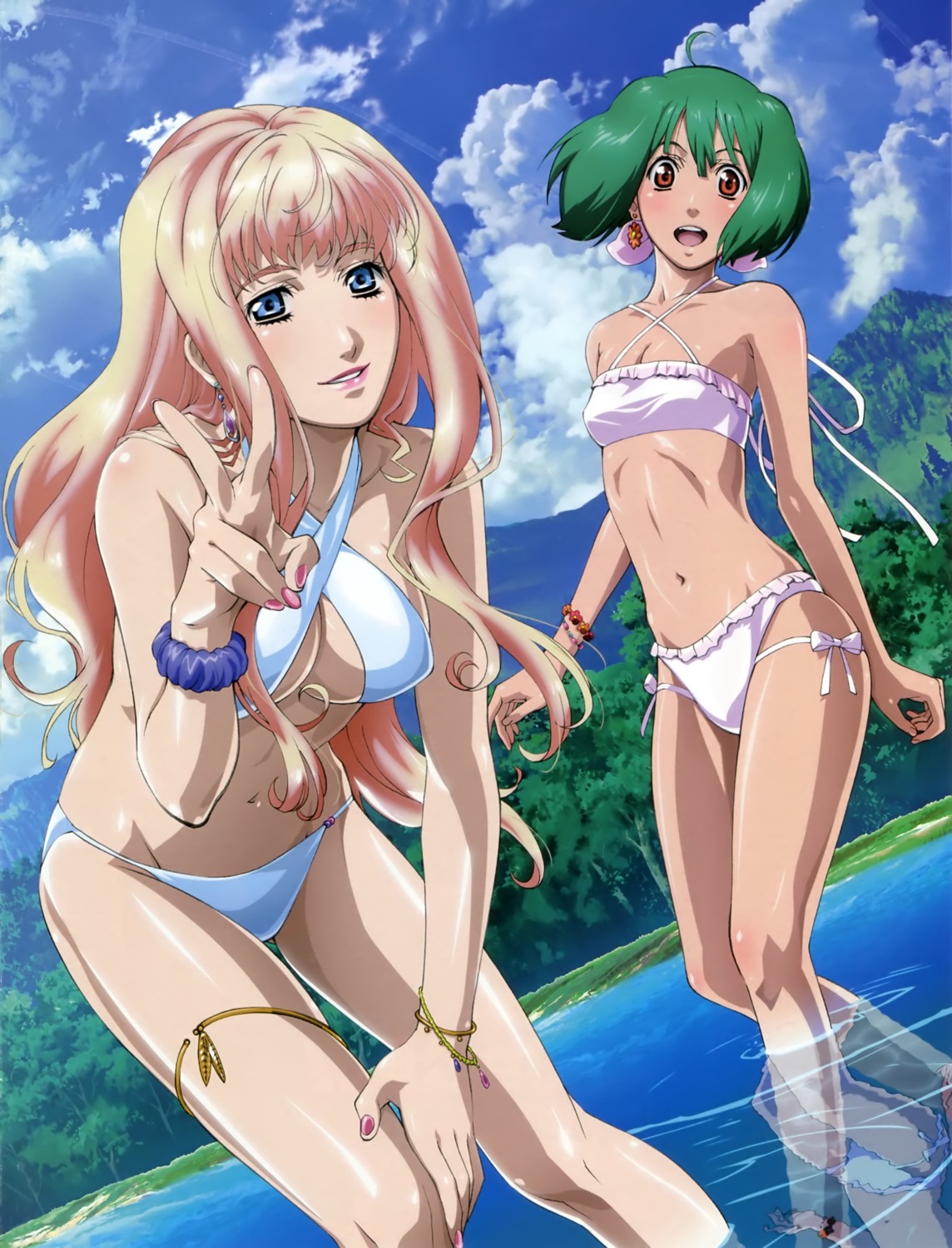 bikini cleavage garter macross macross_frontier marufuji_hirotaka ranka_lee sheryl_nome swimsuits