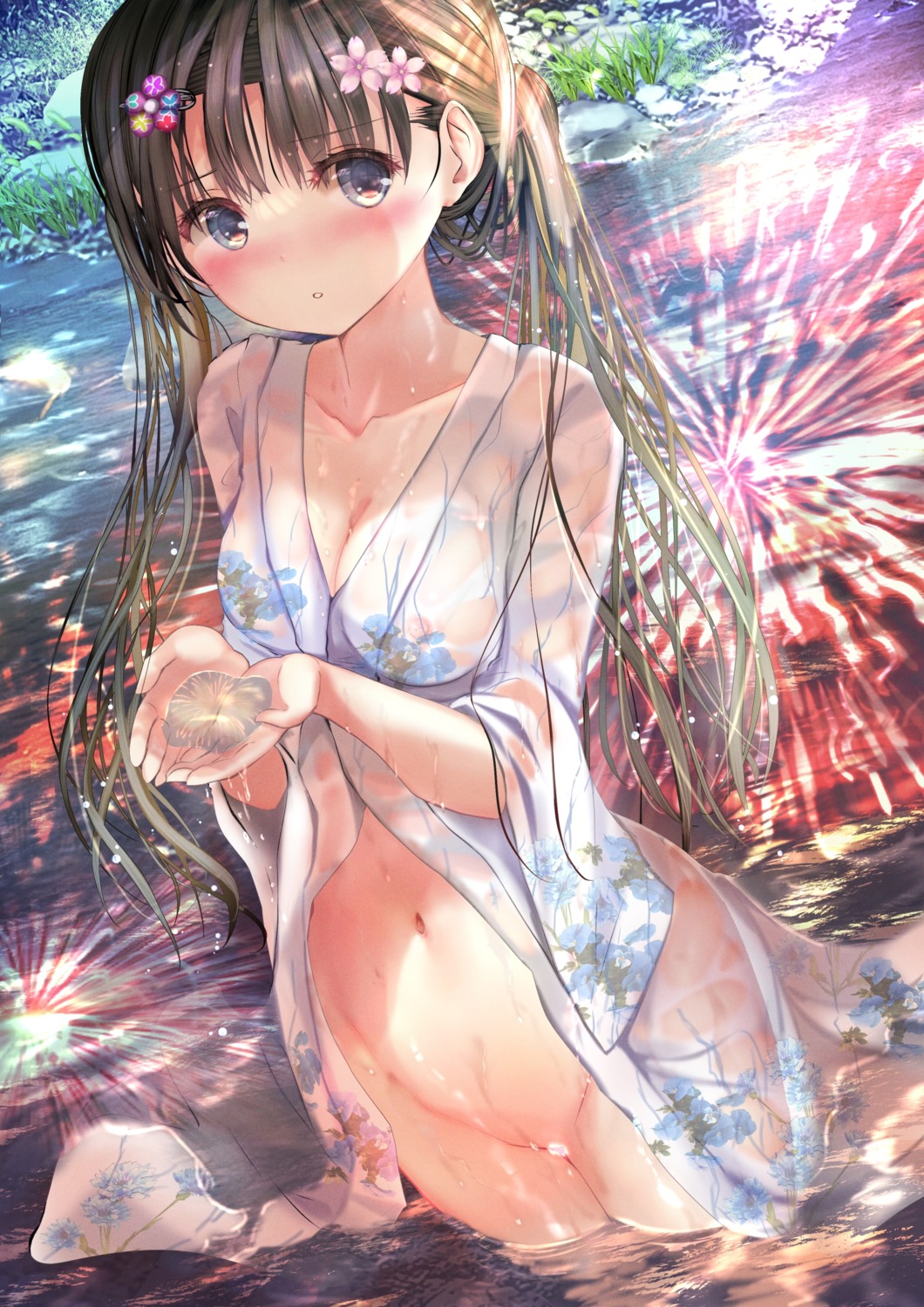 censored megane nipples no_bra nopan ogata_tei see_through wet wet_clothes yukata