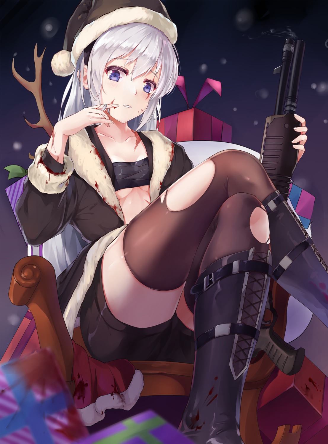 blood christmas cleavage gun open_shirt sarashi thighhighs torn_clothes underboob zombie-andy