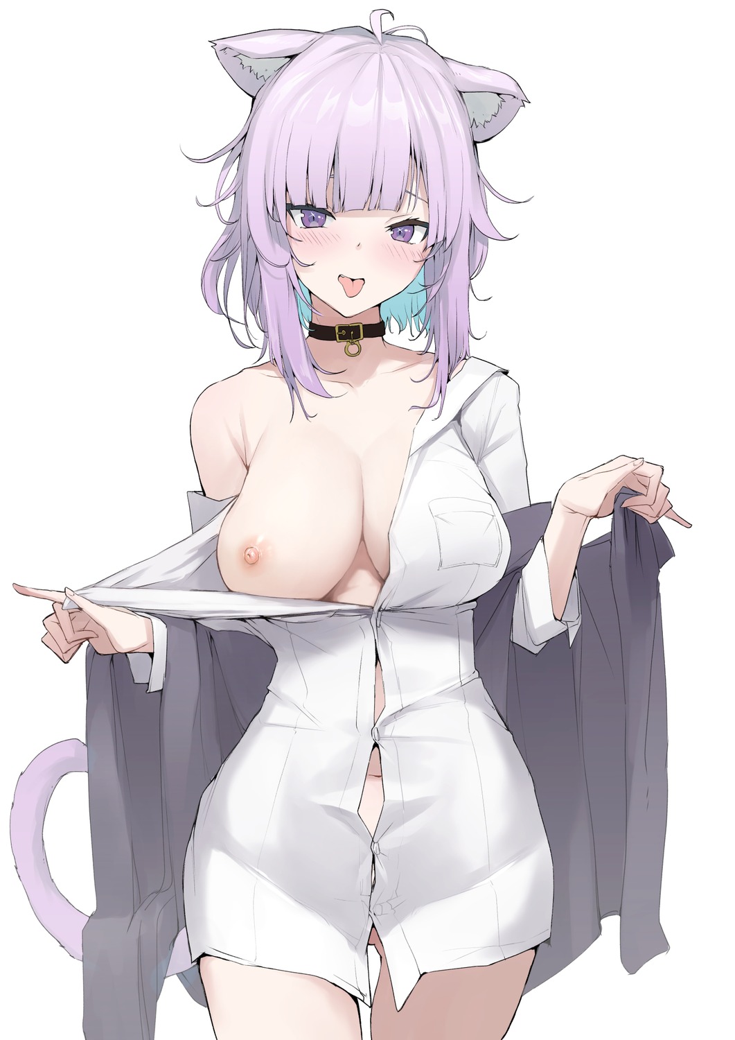 animal_ears bottomless breasts dress_shirt hololive hololive_gamers mitsuru_(pixiv_34028718) nekomata_okayu nekomimi nipples no_bra open_shirt tail undressing